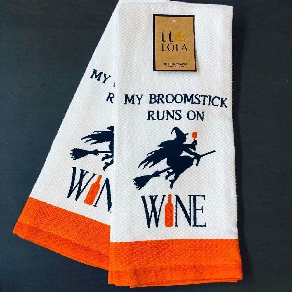 Halloween Witch Broom Runs on Wine Fall Kitchen Dish Towels